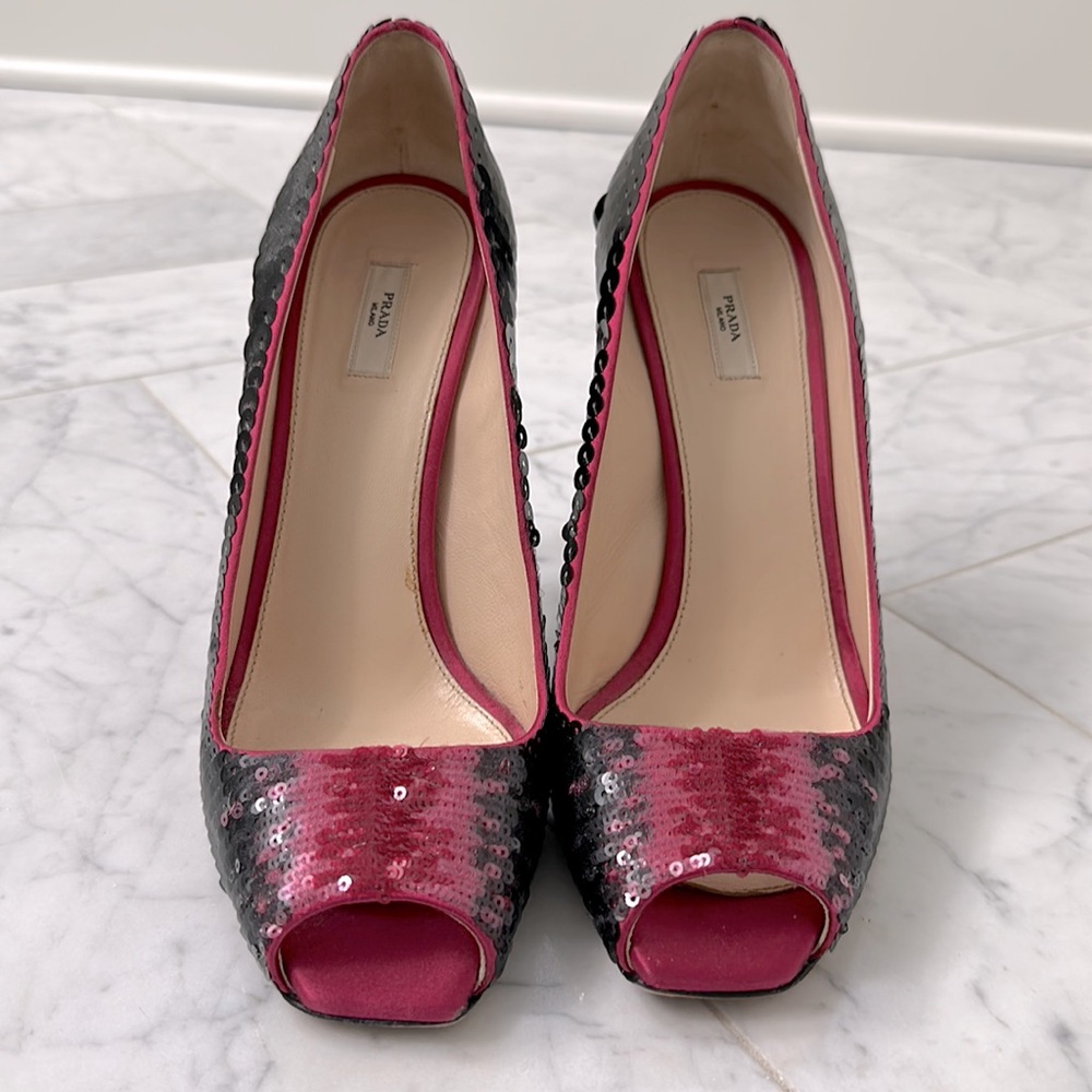 Prada Sequin Peep Toe Pumps